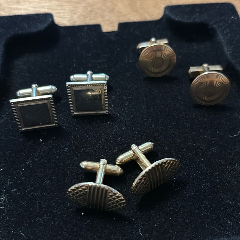 Vintage Gold Tone etched and hammered design Cuff Links Lot of 3